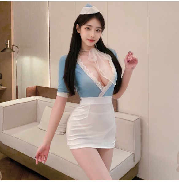 FEE ET MOI - Sweet Airways Deep V Bodycon Stewardess Outfit (Blue - White) FEE ET MOI - Sweet Airways Deep V Bodycon Stewardess Outfit (Blue - White)